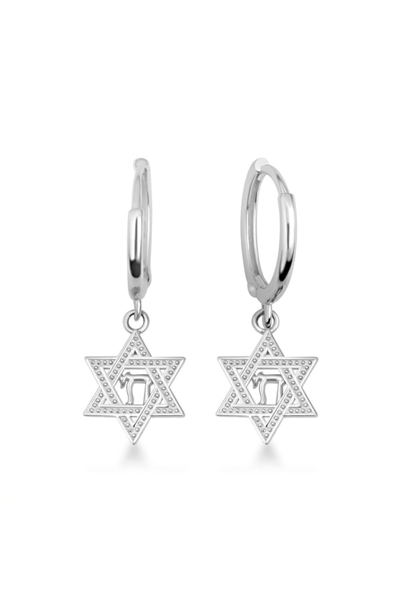 Silver Jewish Chai Star Of David Drop Huggie Hoop Earrings
