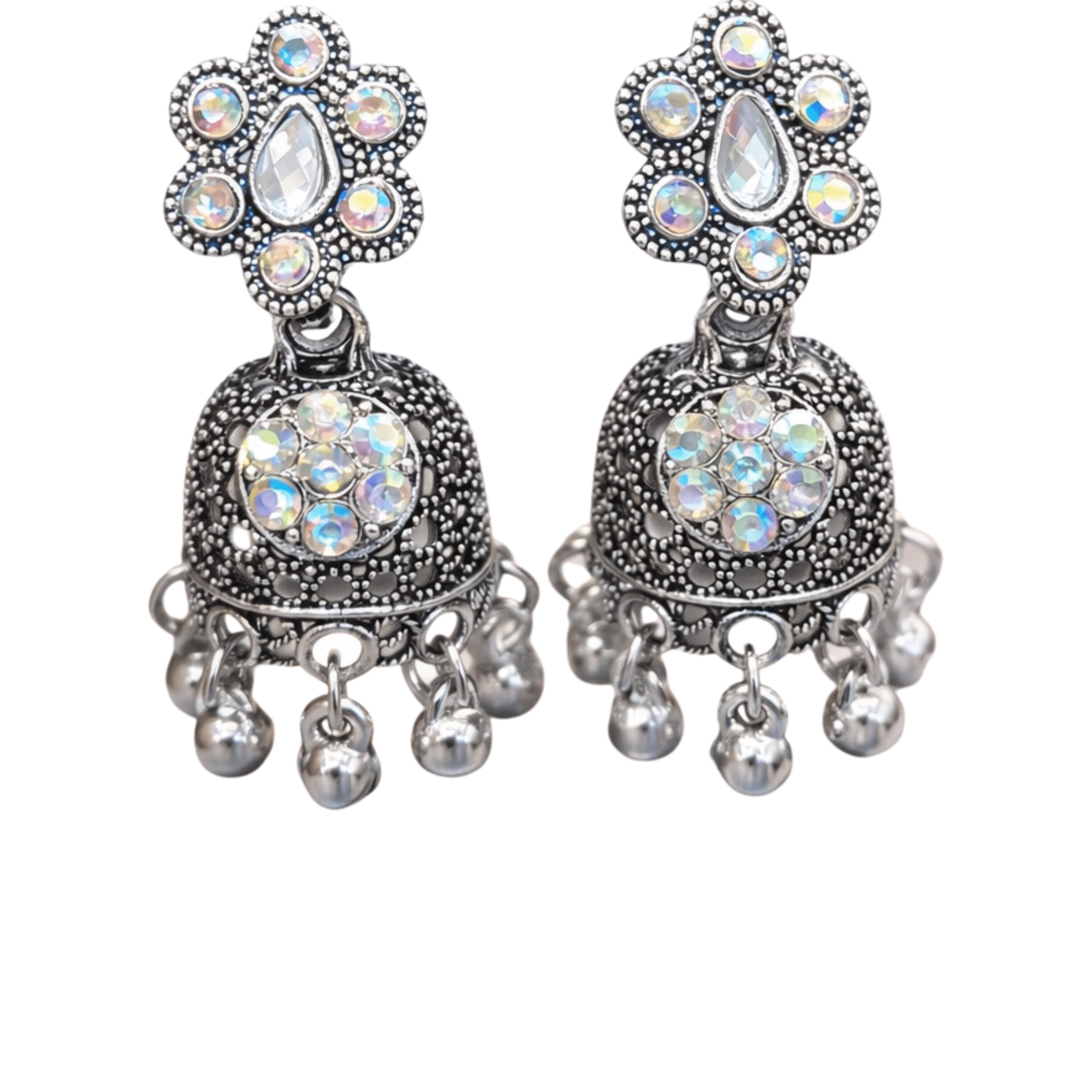 Jhumka Rhinestone Silver Jhumka Earrings with Sparkling Rhinestones β Traditional Floral ...