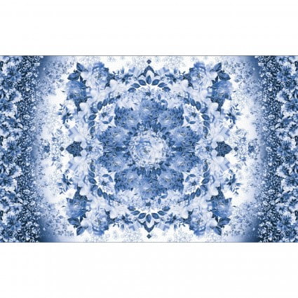 27" X 44" Panel Silver Jubilee Net Flowers Floral Design Delft Look Maywood Studio Blue Cotton Fabric Panel (MASM2500-UW)