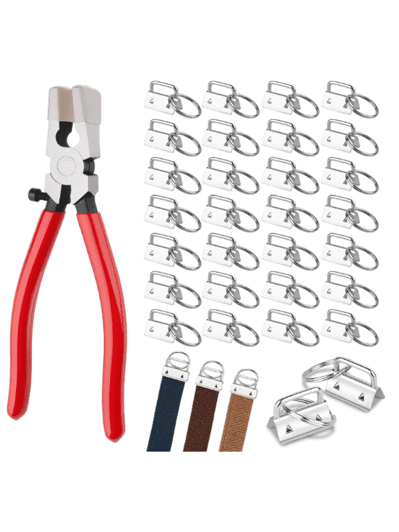 Silver Key Fob Hardware Set with Key Fob Pliers, Complete Key Chain Making Supplies Kit for DIY Wristlet, Lanyard & Keychain