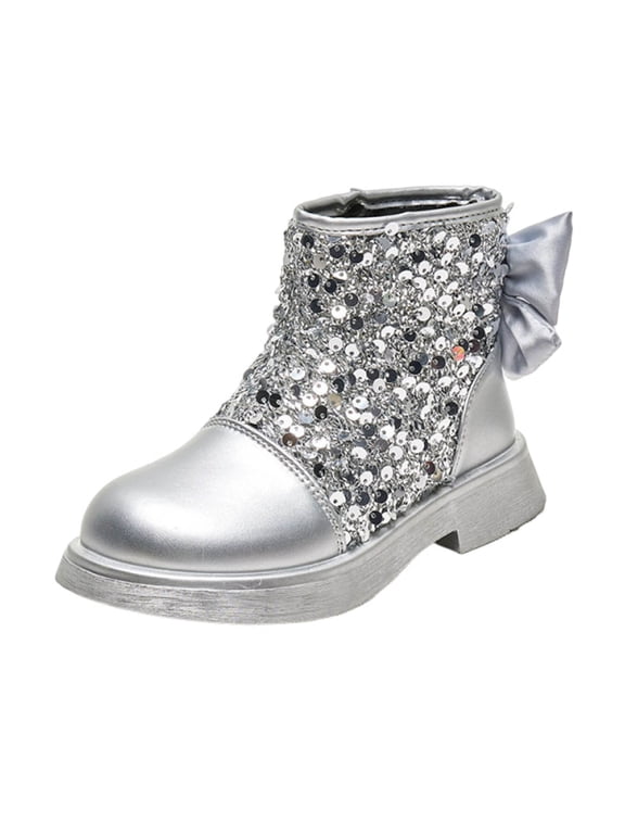 Silver Kids Winter Fashion Ball Princess Ankle Boots Bow Casual Leather Shoes For Girls 2026
