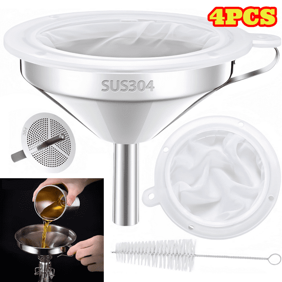 Silver Kitchen Funnel for Filling Bottles, Food Grade 18/8 Stainless Steel Funnel with Strainer for Cooking Oil Grease Juice Milk Coffee