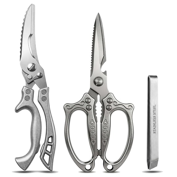 Kitchen Scissors Set Poultry Scissors Heavy Duty with Safety Lock 3.5mm Thickness 3 Piece Kitchen Shears for Cutting Chicken Meat Bone Food Seafood Brushed Stainless Steel Tongs Dishwasher Safe