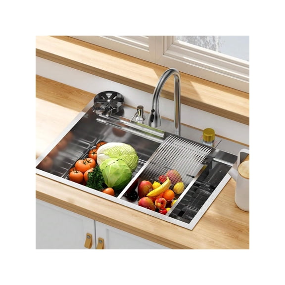 Silver Kitchen Sink, 30 Inch Brushed Nickel Waterfall Kitchen Sink Set, 304 Stainless Steel Single Bowl Family And Bar Sinks With Full Accessories Halloween Decorations Halloween Costumes Autumn De