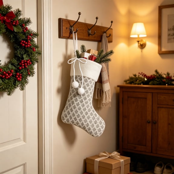 Silver Knit Xmas Stocking with Bow, 18 Inch Soft Christmas Stocking, Classic Holiday Hanging Stocking for Fireplace Mantel Tree Decor