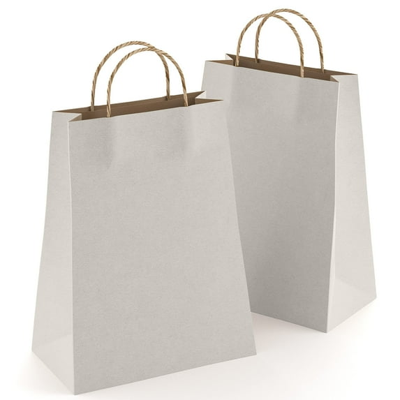 Silver Kraft Paper Bags with Handles Bulk, 8 x 4.75 x 10.5 Inch. Pack of 25 Foldable Shopping Bag, 150 GSM. Kraft Paper Gift Bags with Handles. Gift Gag Bulk for Wedding favors, Valentines Day