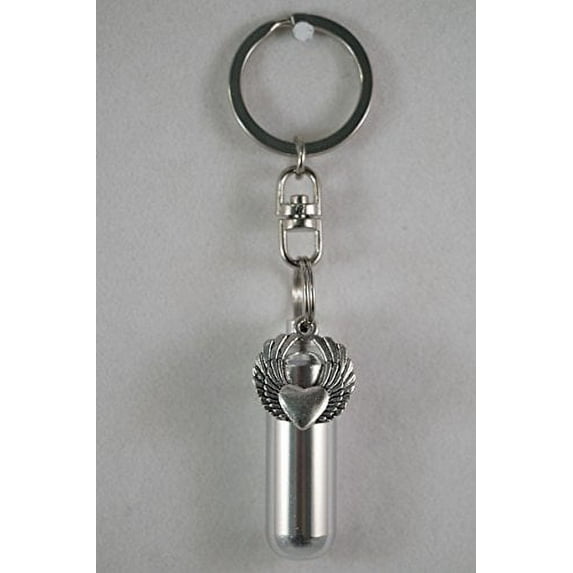 Silver LARGE WINGED HEART CREMATION URN Keepsake on Swivel Stainless Steel Keychain - with ENGRAVED HEART