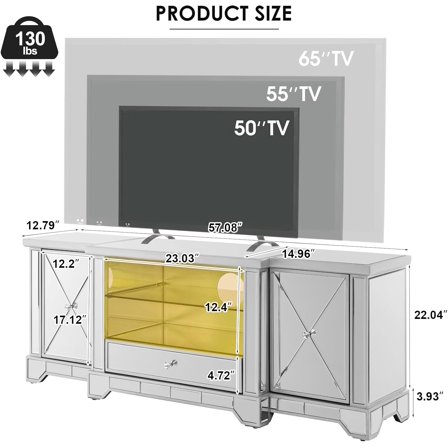 Silver LED TV Stand with Mirrored , 8 Color Lighting for 65 Inches TV, No Assembly Needed