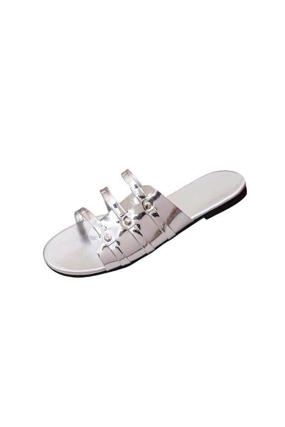 Silver Ladies' Casual Open Toe Flat Slippers Round Toe Soft Sole Lightweight