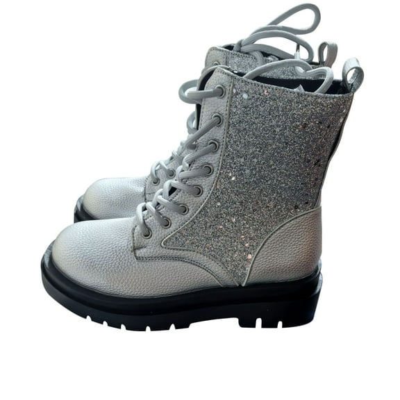 Silver Ladies Chic And Casual British Style Versatile Thick Sole Sequin Fine Sparkling Round Toe Lace Up Boots For Wear
