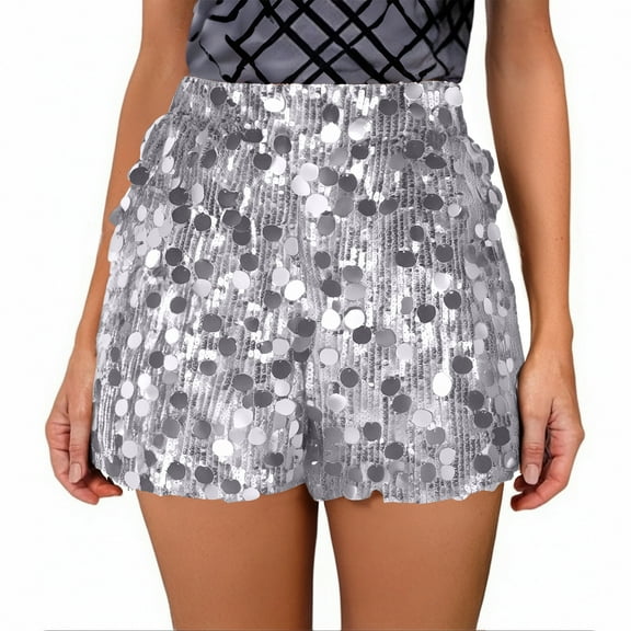 Silver Ladies Elegant Shorts for Women Sequin Sparkle Glitter Straight Leg Elastic Waist Plain Fall Summer 2025 Clothes Trendy Y2K XL