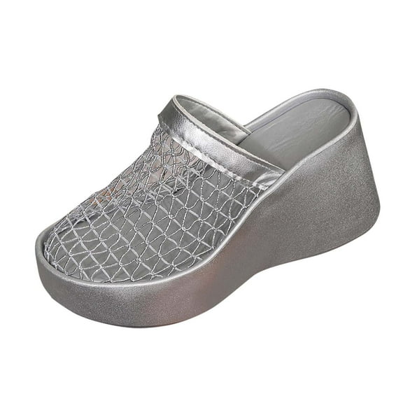 Silver Ladies Fashionable Thick-Soled Slippers With Mesh Hollow Design Versatile For Summer Spring Outdoor Wear