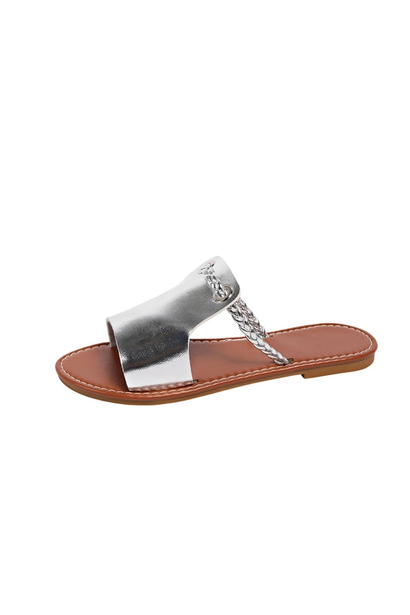 Silver Ladies Fashionable Woven Solid Color Beach Sandals Plus-Size Casual Versatile Spring Summer Pu Upper