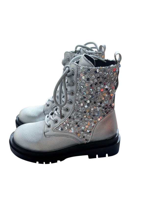 Silver Ladies High Top Platform Boots Lace Up Round Toe Chunky Sole Sparkling Sequin British Style Casual Comfort