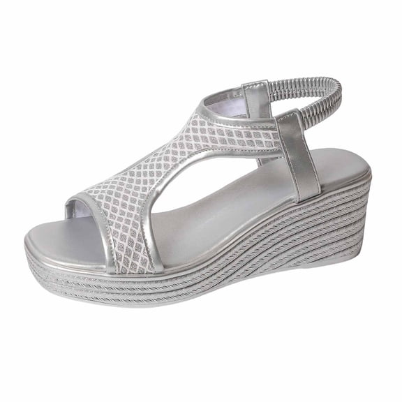 Silver Ladies' Peep Toe Wedge Sandals Open-Toe Thick Sole Casual For Spring Summer Occasion Pu