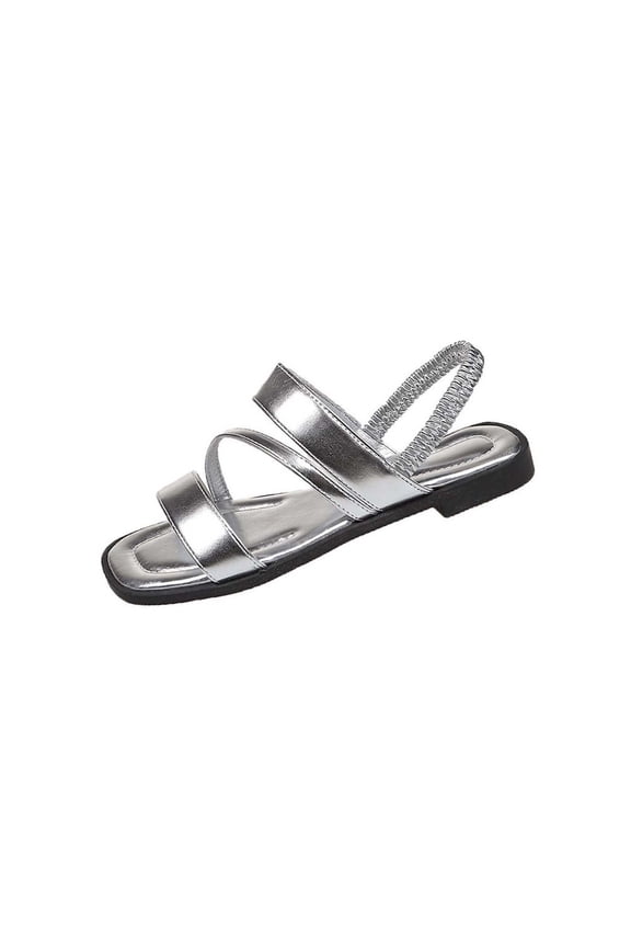 Silver Ladies Square Toe Sandals In Metallic Tone With Elastic Back Strap And Open Toe Style Comfortable