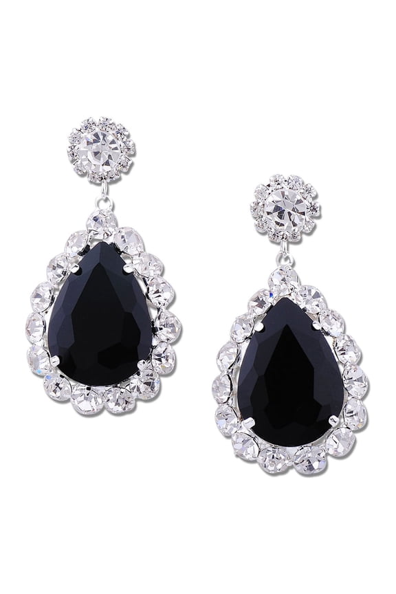 Silver Large Jet Teardrop Wrapped with Round Crystal Dangle Earrings