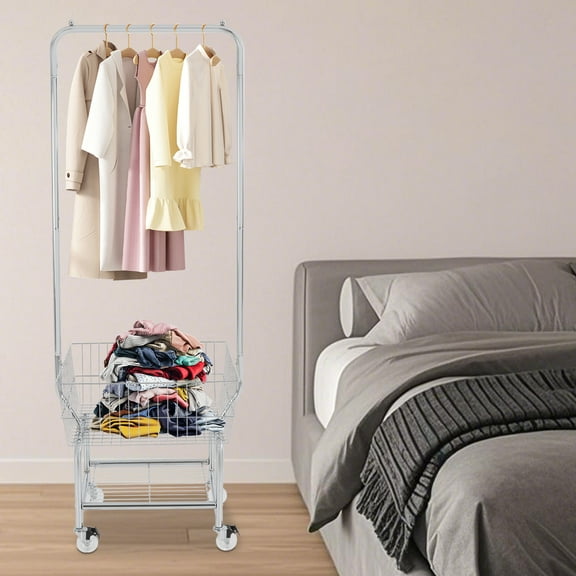 Silver Laundry Cart with 4 Wheels and Hanging Rack, Metal Wire Laundry Hamper with Storage Basket and Shelf,Steel Frame Laundry Sorter Cart, 110 lbs Load Capacity