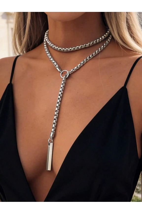 Silver Layered Box Chain Lariat Necklace With Rectangular Pendant