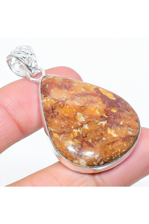 Natural Silver Leaf Jasper Gemstone 925 Sterling Silver Pendant 2.09"