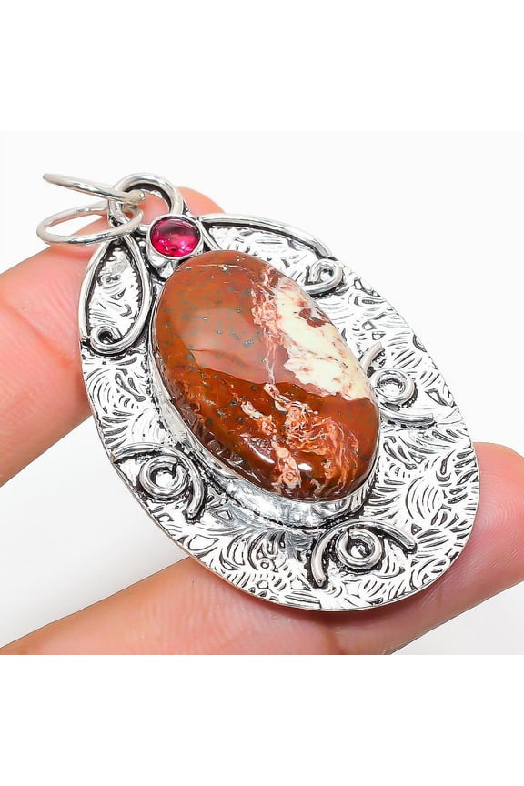 Silver Leaf Jasper, Rubillite 925 Sterling Silver Jewelry Pendant 2.48"