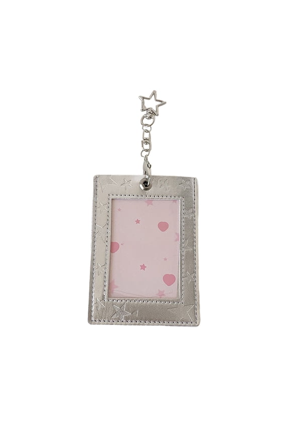 Silver Leather Photo Card Holder 3 Inch With Star Keychain Id Protector Student Campus Card Wallet For School Office