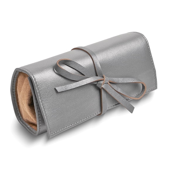 Silver Leather Tie Jewelry Roll with Removable Zippered Pouch GM17734
