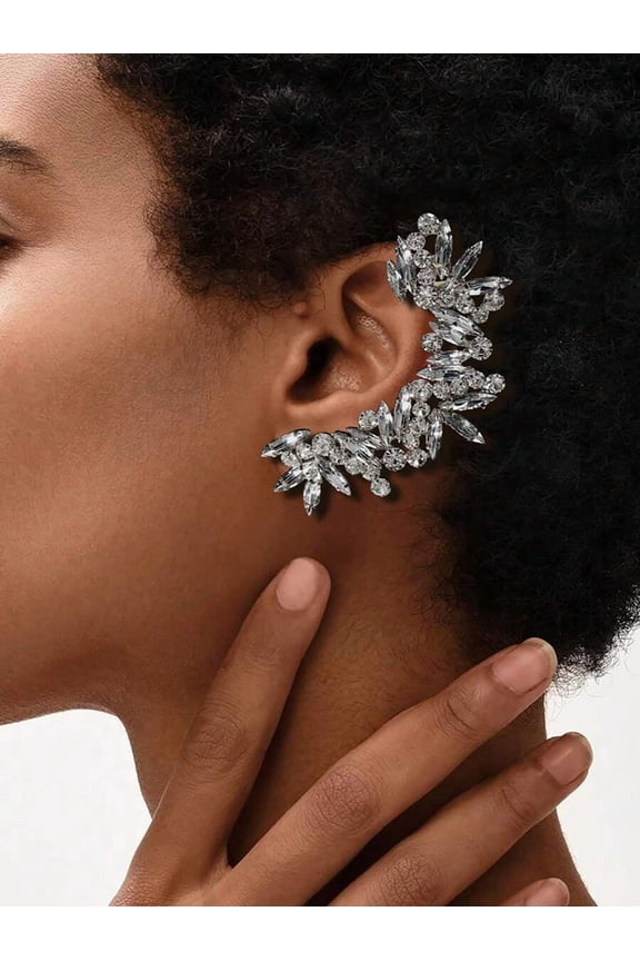 Silver Left Ear Cuff Earring, Crystal-Embellished Floral Clip-On Design, Elegant Statement Jewelry