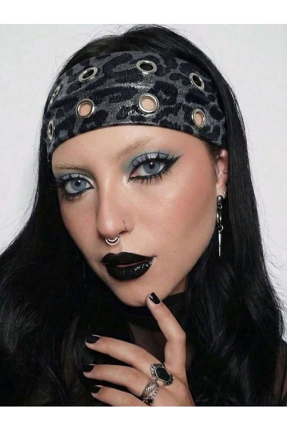 Silver Leopard Print Punk Headband With Silver-Tone Grommets, Stretchy Elastic Hair Band