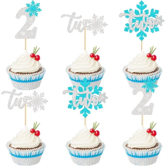 Silver Light Blue Glitter Number Two Snowflake Cupcake Toppers 12Pcs Winter Frozen Theme 2nd Birthday Cupcake Picks for Kid Second Birthday Dessert Decor