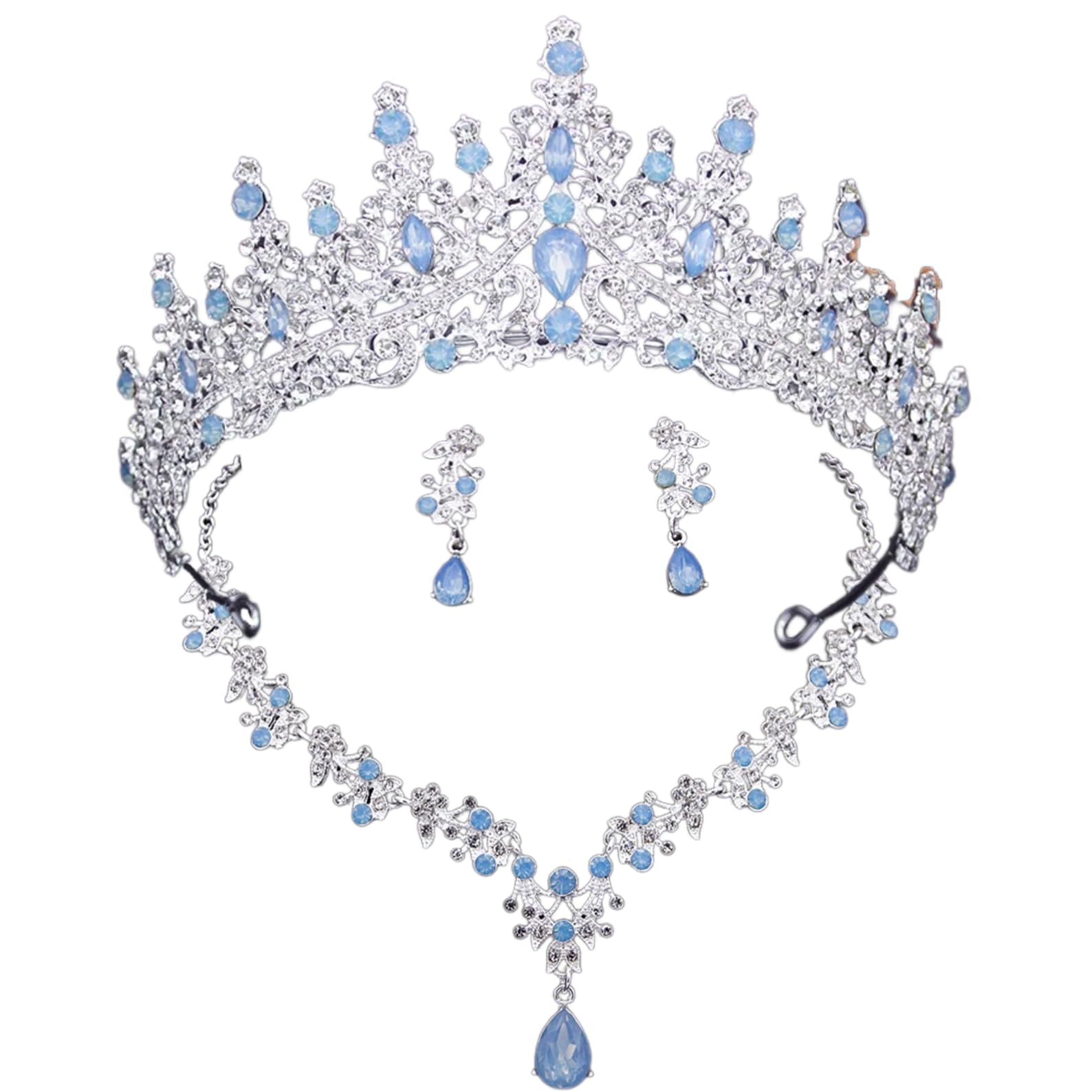 Silver Light Blue Opal Bridal Tiara Jewelry Set - Crown 
