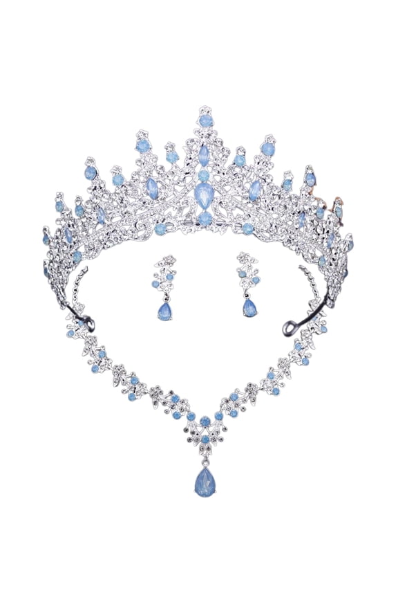 Silver Light Blue Opal Bridal Tiara Jewelry Set - Crown, Necklace & Earrings with Luxury Gift Box - Elegant Womens Jewelry for Christmas Gifts & Valentines Day C113