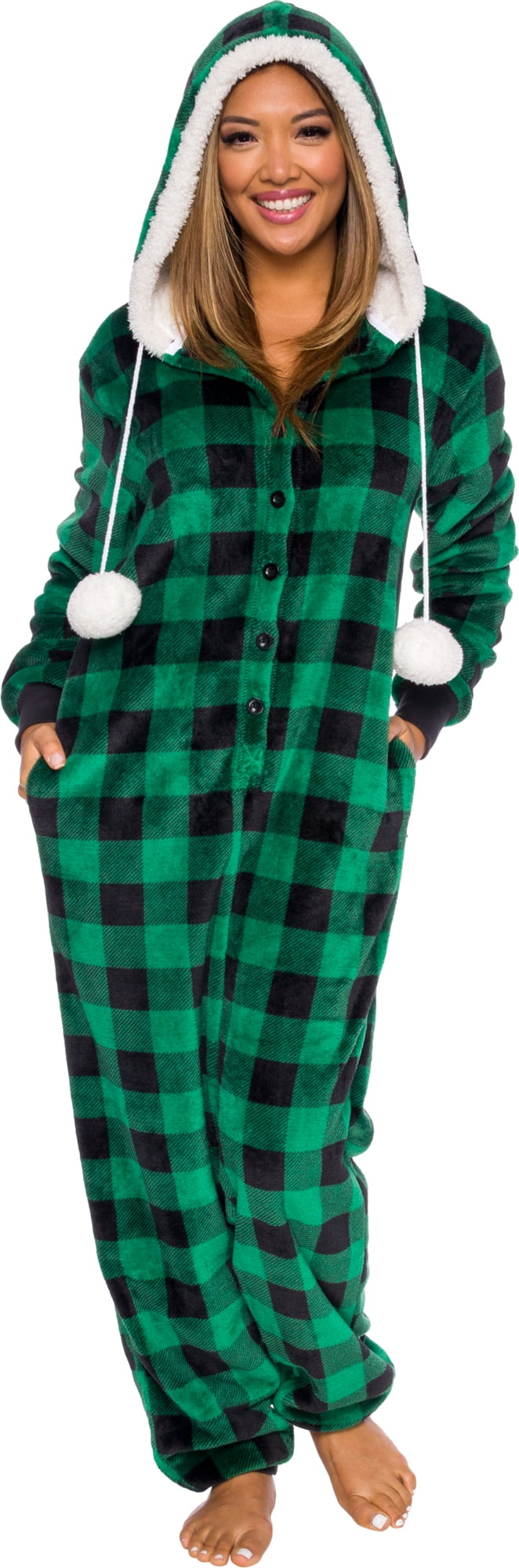 Silver Lilly Womens Hooded Buffalo Plaid One Piece Pajamas with