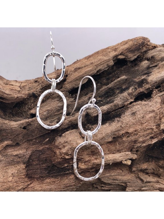 Silver Link Earrings Oval Hammered Minimalist Chain Link Dangle Hoop Style With Hammered Silver Finish