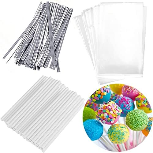 Silver Lollipop Cake Pop Treat Bag Set Including 100pcs Parcel Bags, 100pcs Papery Treat Sticks, 100pcs Colorful Metallic Twist Ties for Making Lollipops, Cake Pops, Candies, Chocolates and Cookies