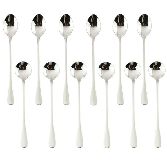 Silver Long Handle Spoon, MDEALY 12 Pcs Stainless Steel Ellipse Style 7.5" & Round Style 7" Coffee Ice Cream Spoon Cocktail Mixing Silverware Spoon