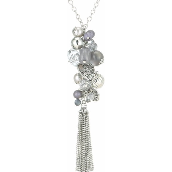 Silver Long Tassel Necklaces For Women Boho Chain Necklace With Tassel Beaded Pendant Silver Fashion Jewelry Gifts For Women[o5090]