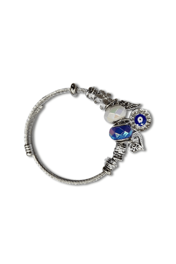 Silver Love Circle Charm Bracelet with Evil Eye, Wing and Heart Accents