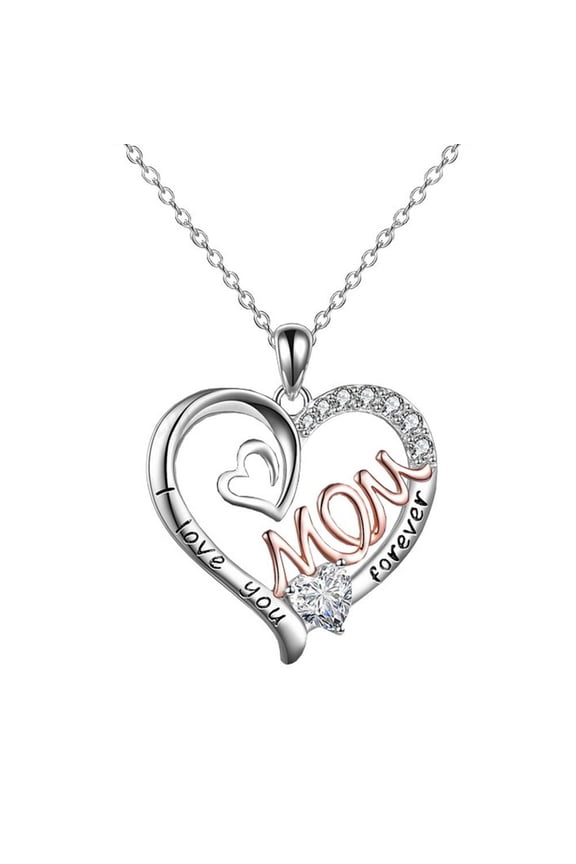 Silver Love Heart Mom Pendant Chain Necklace Cubic Zircon Day Mum Gif