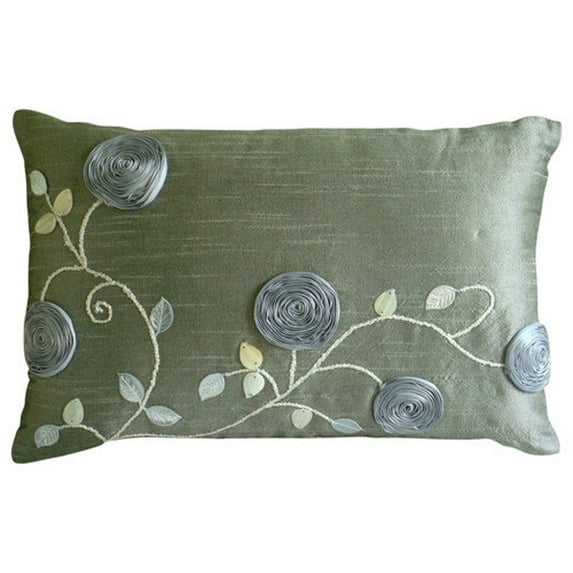 Silver Lumbar Pillow Cover, Ribbon Rose Lumbar Pillow Cover, 12x16 inch (30x40 cm) Lumbar Pillow Cover, Rectangle Silk Lumbar Pillow Cover, Floral Modern - Silver Rose Garden