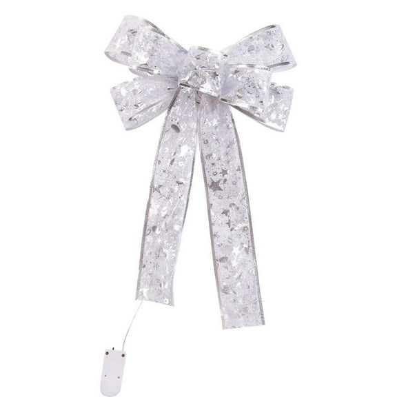Christmas Silver Luminous Bow 35X23Cm Quality Ribbon for Tree Gifts Decorations Battery Needed