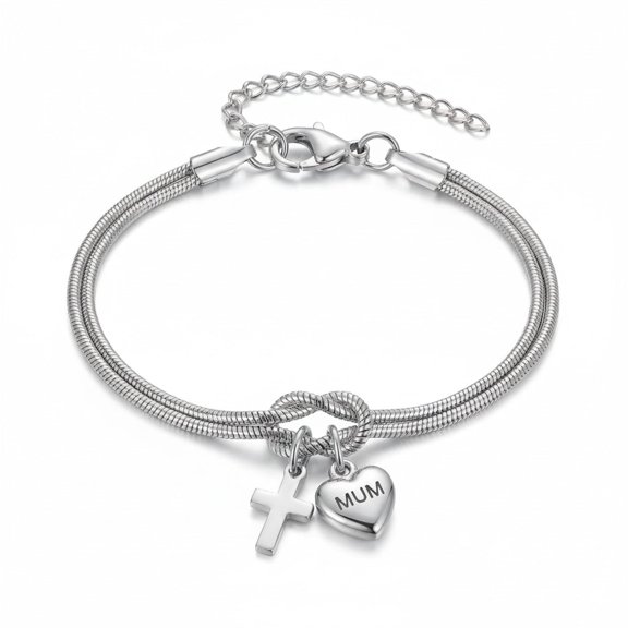 Silver MUM Heart Cross Infinity Bracelet for Women, Dainty Snake Chain Adjustable Christian Jewelry, Mothers Day Birthday Christmas Gift for Mom