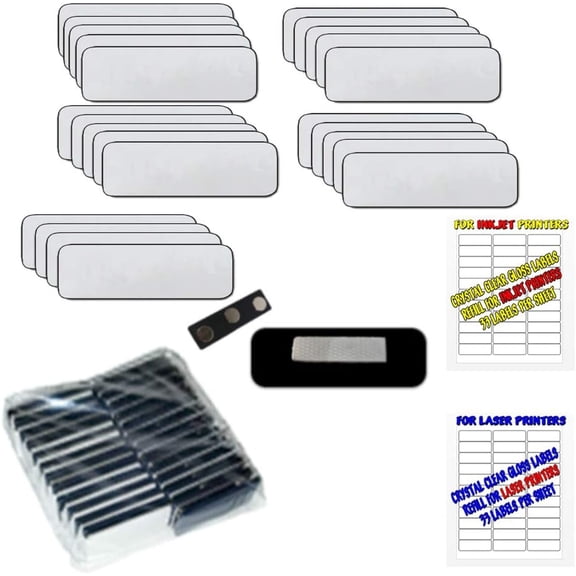 Silver Magnetic Blank Name Badge Kit Includes 1"x3" Plastic Badge, Magnets UNattached, and Crystal Clear Gloss Printable Labels