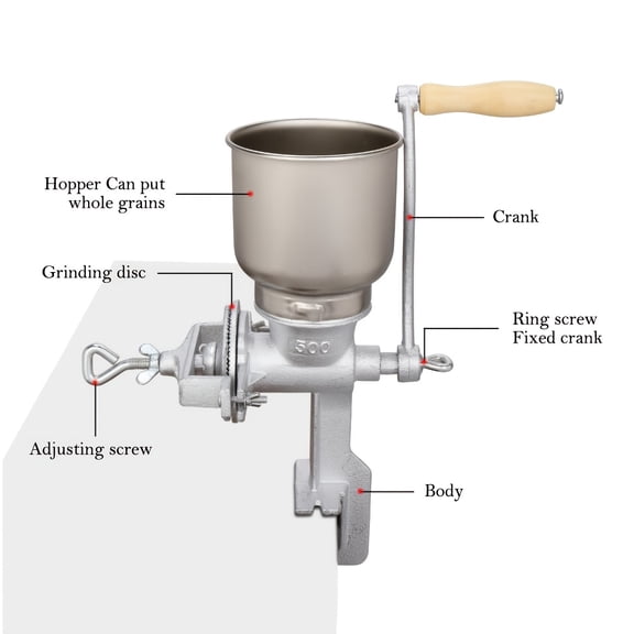 Silver Manual Hand Crank Grain Grinder with Large Hopper, Home Mill for Corn Wheat Coffee Beans Grinding