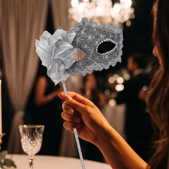 Silver Masquerade Mask for Women with Stick, 15 Inch Lace Masquerade Mask Elegant Floral Detail Halloween Accessory for Masquerade Party Prom Mardi Gras Events, 1 Pack
