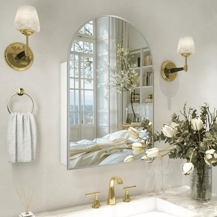 Silver Medicine Cabinet with Mirror, Bathroom Arched Medicine Cabinet Wall Mounted, Modern Vanity Mirror with Storage, Mirrored Cabinet with Adjustable Shelves, Not Recessed, 24x36 Inch
