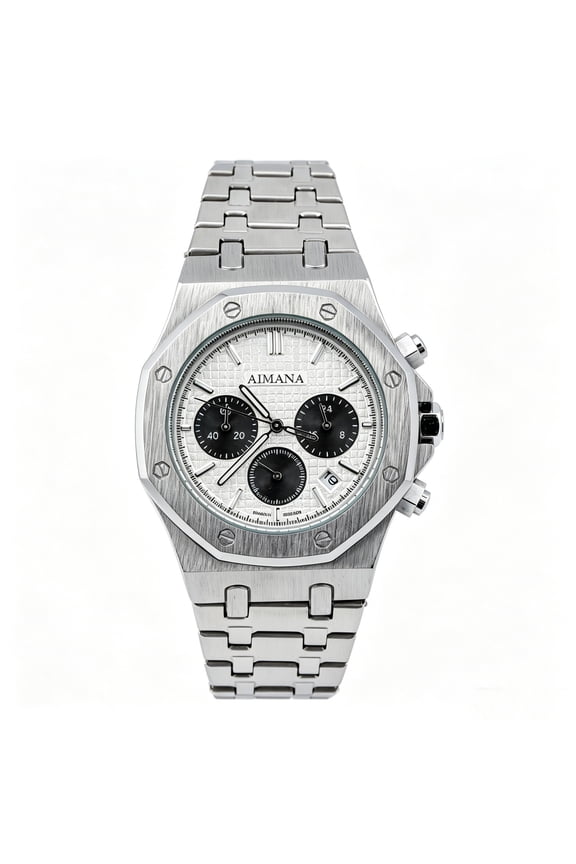 Men Chronograph Watch Stainless Steel Band Round Silver Dial 43mm Luminous Date