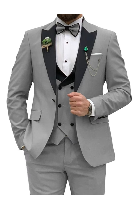 Silver Mens Suits Slim Fit Suits for Men 3 Piece Tuxedo Wedding Prom Suit Formal Business XXL