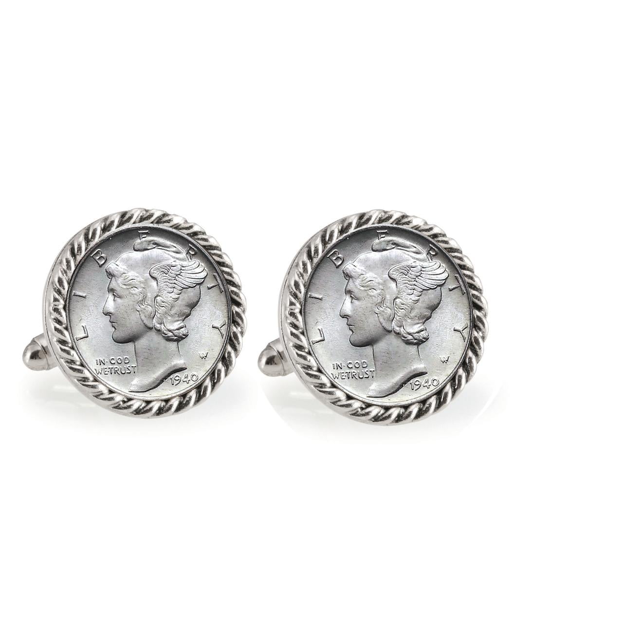 Silver Mercury Dime Silvertone Rope Bezel Coin Cuff Links | United States Coins | Men's Cufflinks | Genuine Silver Coins