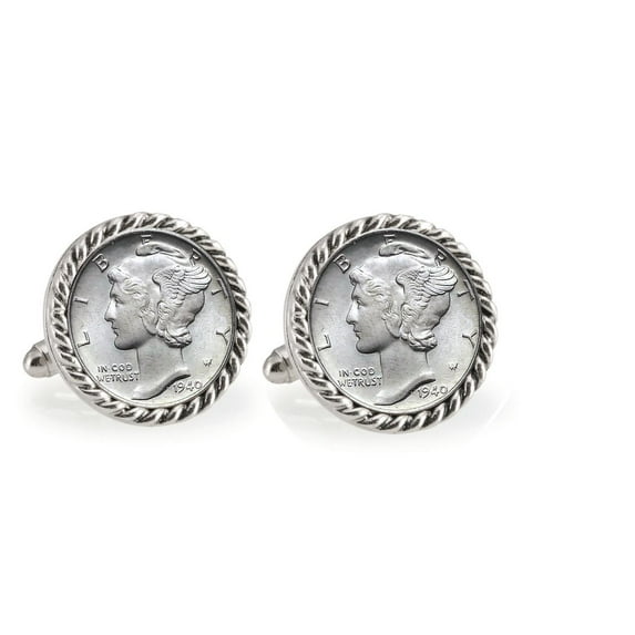 Silver Mercury Dime Silvertone Rope Bezel Coin Cuff Links | United States Coins | Men's Cufflinks | Genuine Silver Coins